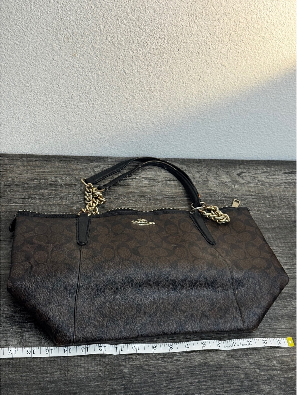 Coach Signature C Brown Black Chain Strap Zip Top Tote Shoulder Bag